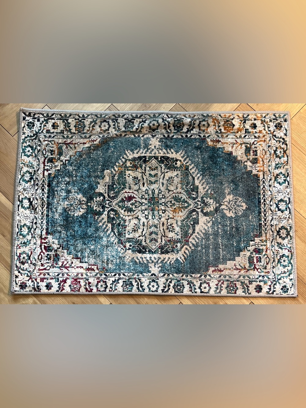 Vintage Style Blue Medallion Area Rug Oriental Floral Distressed Teal Multicolor